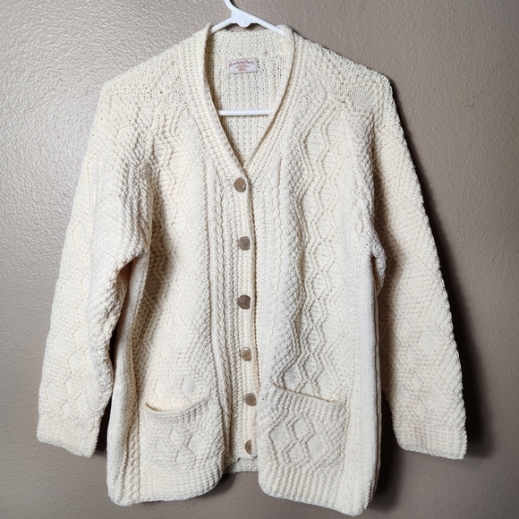 Handknit Fisherman Ivory Buttonfront Vneck Cardigan-Size L - Picture 2 of 7